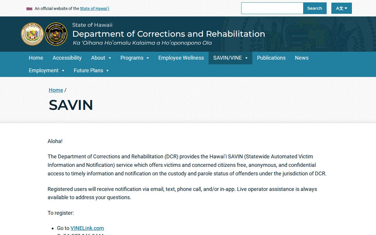 Hawaiʻi SAVIN Maui County release notification methods