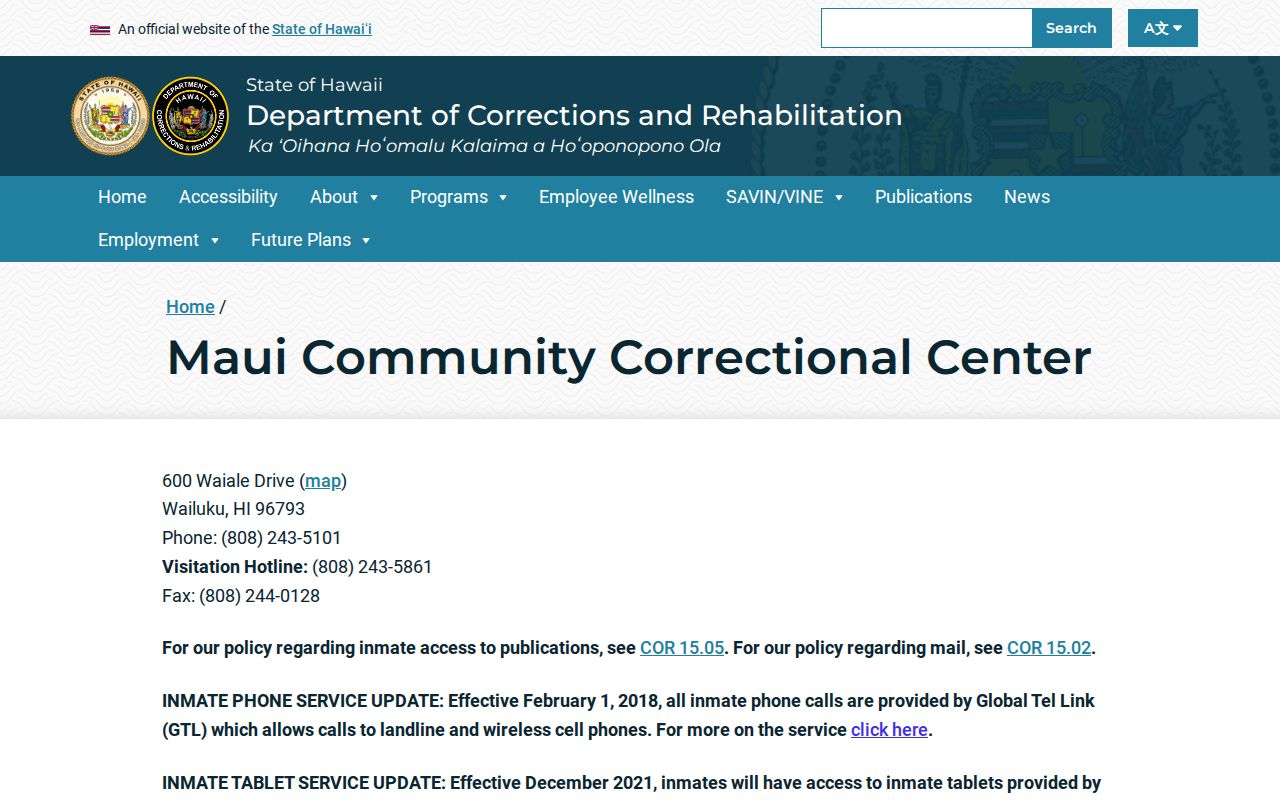 Maui Community Correctional Center release and transition information